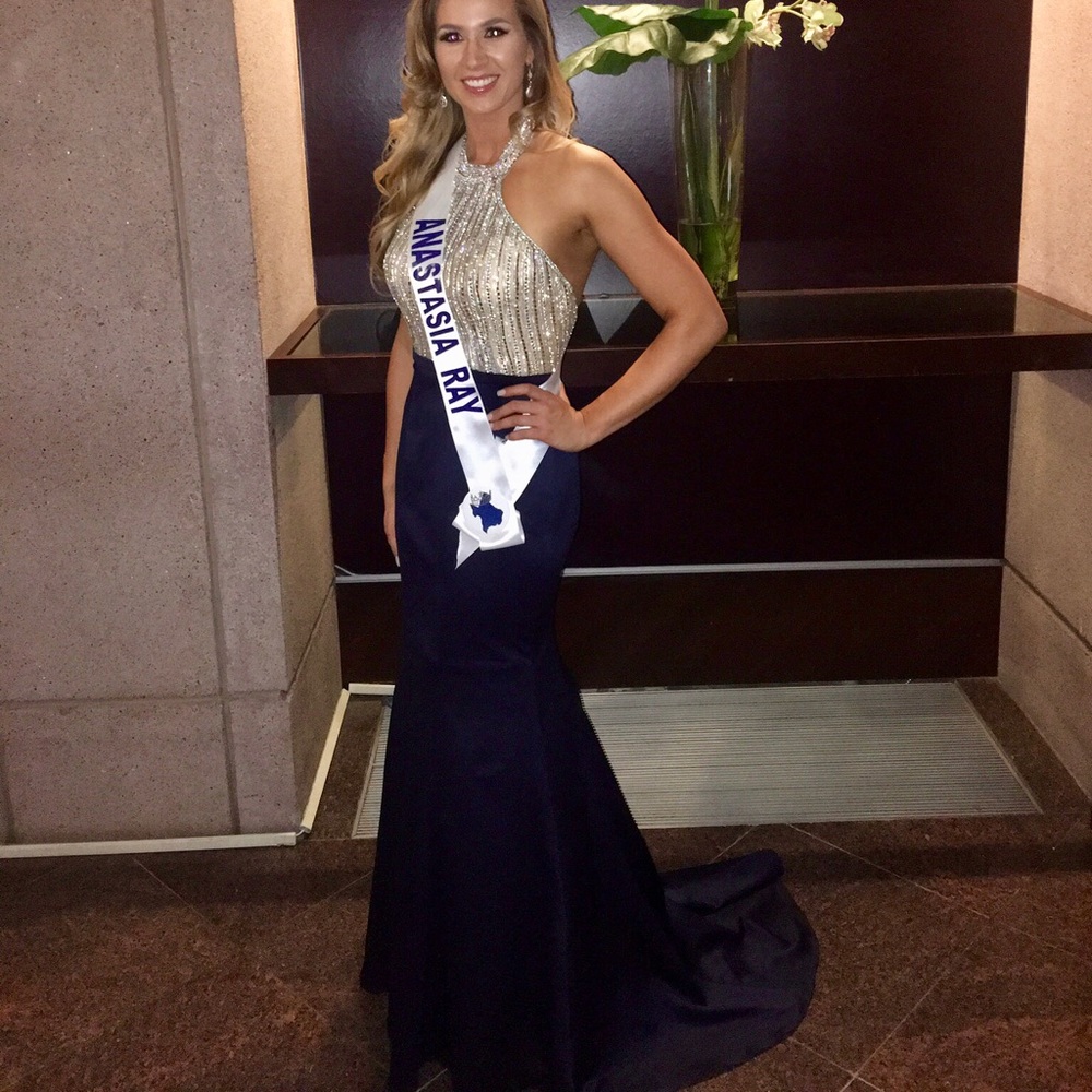 Navy and rhinestone pageant gown